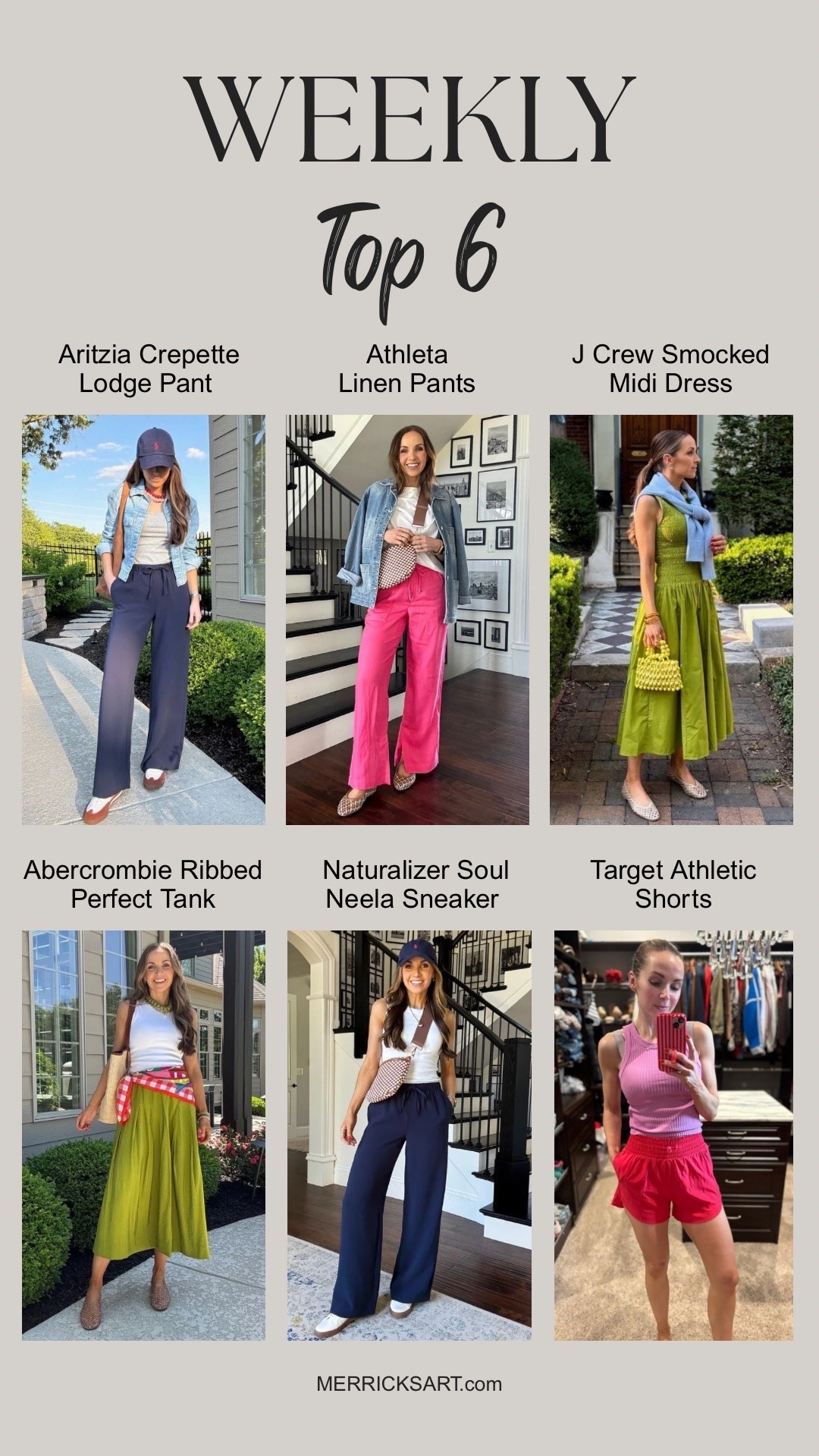 Your favorite six things I shared this week! 
Wearing size small tall in the Aritzia pants, extra small regular in the linen pants, small in the J.Crew dress, small in the Abercrombie tank, small in the target shorts. Sneakers are true to size. ￼