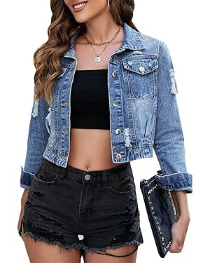 Ladyful Women's Distressed Washed Jean Jacket Frayed Raw Hem Ripped Crop Denim Jacket Coat | Amazon (US)
