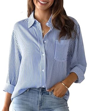 Women's Striped Button Down Shirts: Long Sleeve Office Casual Business Blouses with Pocket | Amazon (US)