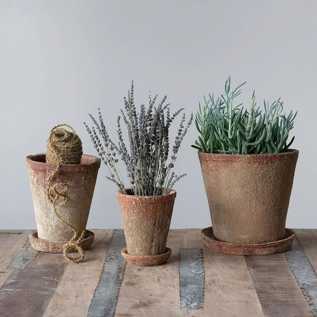 Creative Co-Op Cement Planter with Saucer, Distressed Terra-cotta Finish, Set of 2 (Holds 5" Pot) | Walmart (US)