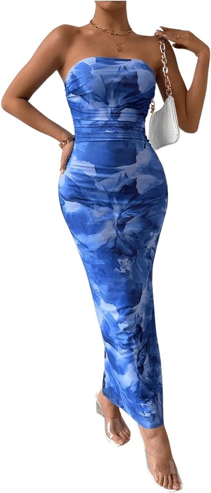 Milumia Women's Printed Strapless Tube Top Long Dress Slit Hem Sleeveless Bodycon Maxi Dresses | Amazon (US)