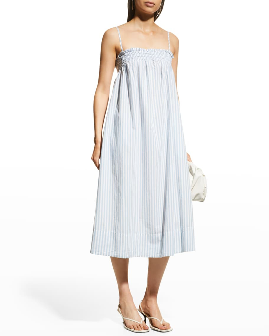 Farrah Pinstripe Ruffle Babydoll Midi Dress | Neiman Marcus