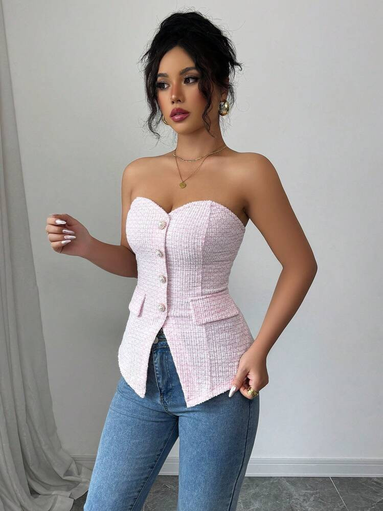Selianne Women's Textured Pink Strapless Cropped Top With Pearl Button Details, Summer | SHEIN