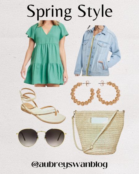 Spring style from Target! This crossbody bag is currently 20% off and sandals are buy 1, get 1 50% off. 

Target style, spring style, jean jacket, dress, A new day sandals, gold hoop earrings, round sunglasses, straw crossbody bag 