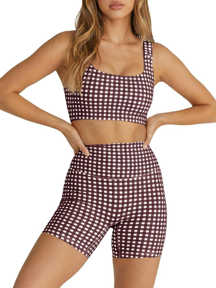 Aoysky Womens Workout Gingham 2 Piece Outfits Padded Open Back Crop Tank High Waist Sports Shorts... | Amazon (US)