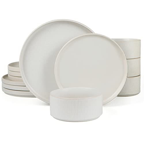 Famiware Star Dinnerware Sets, Plates and Bowls Set for 4, 12 Piece Dish Set, Full Glaze Matte Wh... | Amazon (US)