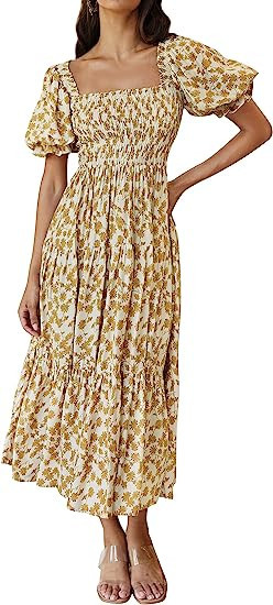 ZESICA Women's 2023 Summer Boho Floral Print Square Neck Ruffle Swing Beach Long Maxi Dress | Amazon (US)