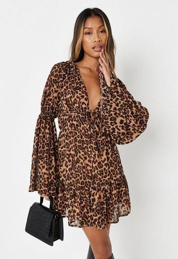 Missguided - Brown Leopard Print Chiffon Flare Sleeve Smock Mini Dress | Missguided (US & CA)