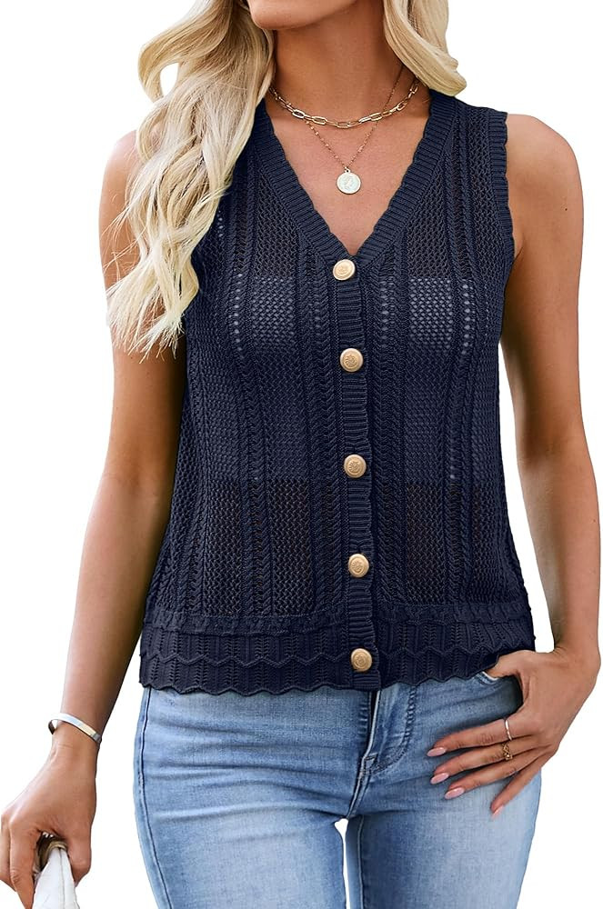 Womens Crochet V Neck Sweater Vest Hollow Out Summer Sleeveless Tops Knit Spring Cardigans Button... | Amazon (US)