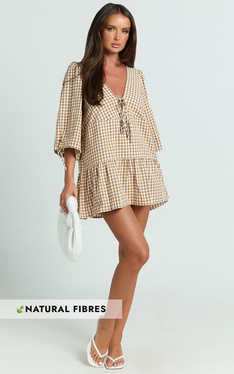 Nour Mini Dress - High Neck Tie Front Drop Waist Gathered Skirt Dress in Caramel/White Gingham | Showpo (US, UK & Europe)
