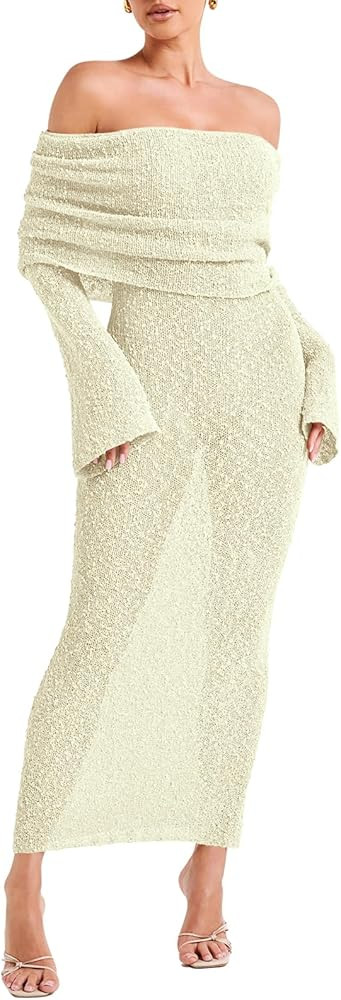 Womens Off Shoulder Bodycon Maxi Dress Bell Long Sleeve Sexy Strapless Sheer Dress Beach Swimsuit... | Amazon (US)