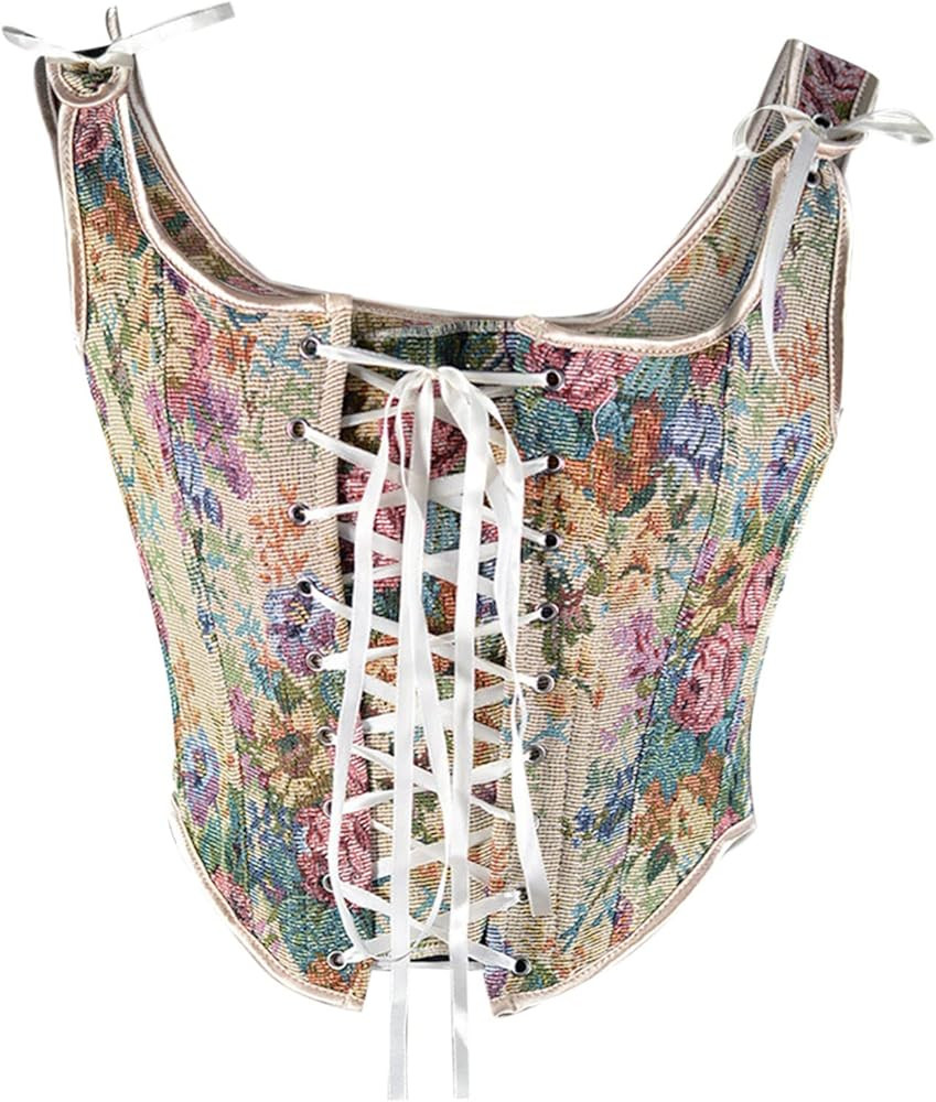 Women's Vintage Floral Lace Up Boned Camisole Bustier Royal Court Suspender Corset Fairy Crop Cam... | Amazon (US)