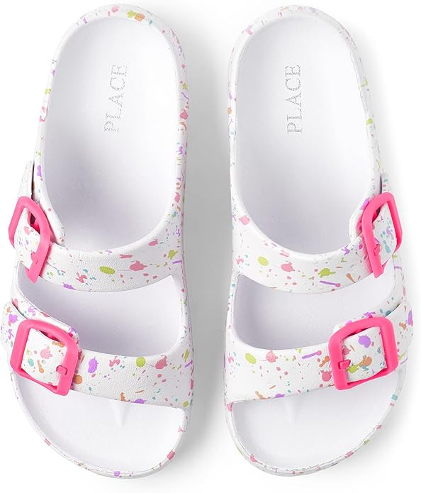 The Children's Place Girls Double Buckle Slip On Slide Sandals, White Paint Splatter | Amazon (US)