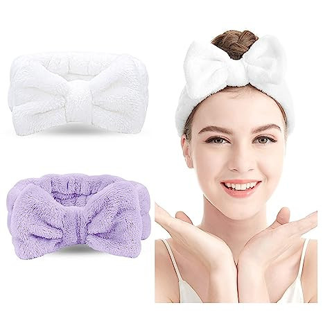 Spa Headband - 2 Pack Bow Hair Band Women Facial Makeup Head Band Soft Coral Fleece Head Wraps Fo... | Amazon (US)