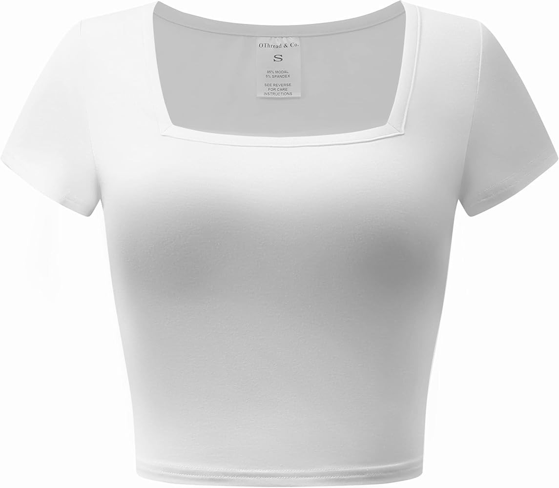 OThread & Co. Women's Short Sleeve Square Neck Crop Top Basic Comfy Stretch Tee | Amazon (US)