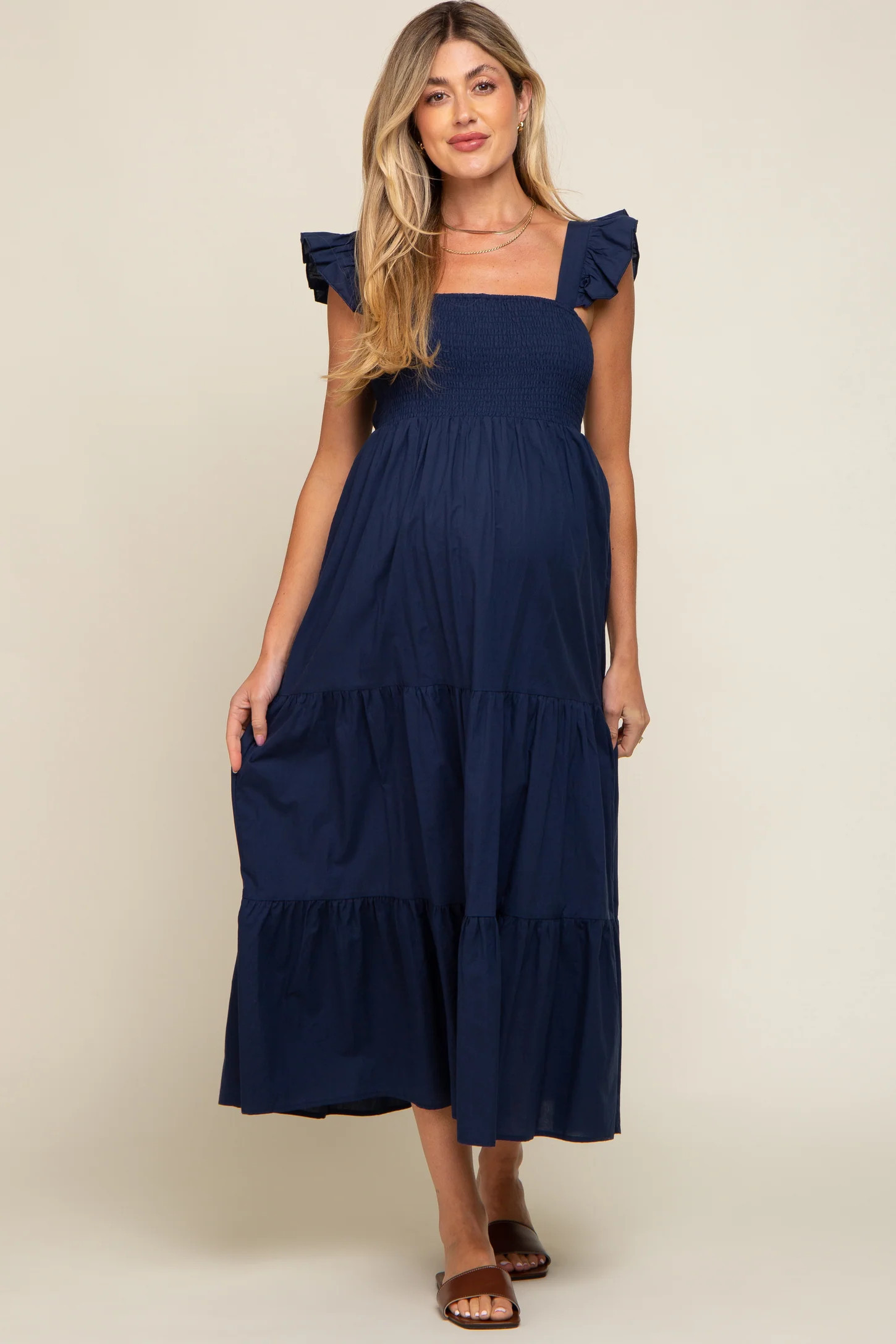 Navy Blue Sleeveless Tiered Maternity Maxi Dress | PinkBlush Maternity