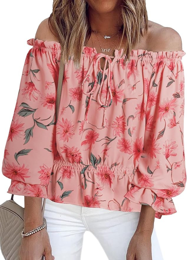 BLENCOT Summer Sexy Off Shoulder Tops for Women Boho Ruffle Sleeve Floral Chiffon Shirts Blouses | Amazon (US)
