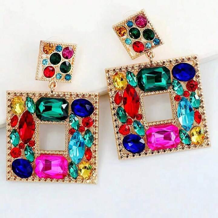 Random Color Rhinestone Decor Square Drop Earrings | SHEIN