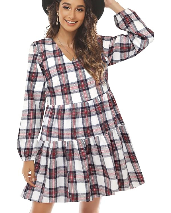 FANCYINN Womens Long Sleeve Buffalo Plaid Shift Tunic Dress Ruffle Hem Vneck Casual Swing Babydol... | Amazon (US)