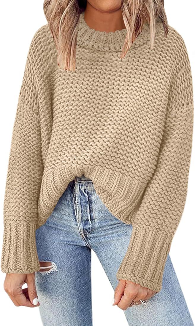 DEEP SELF Women's Crewneck Chunky Knit Sweater Batwing Long Sleeve Loose Fall Solid Pullover Swea... | Amazon (US)