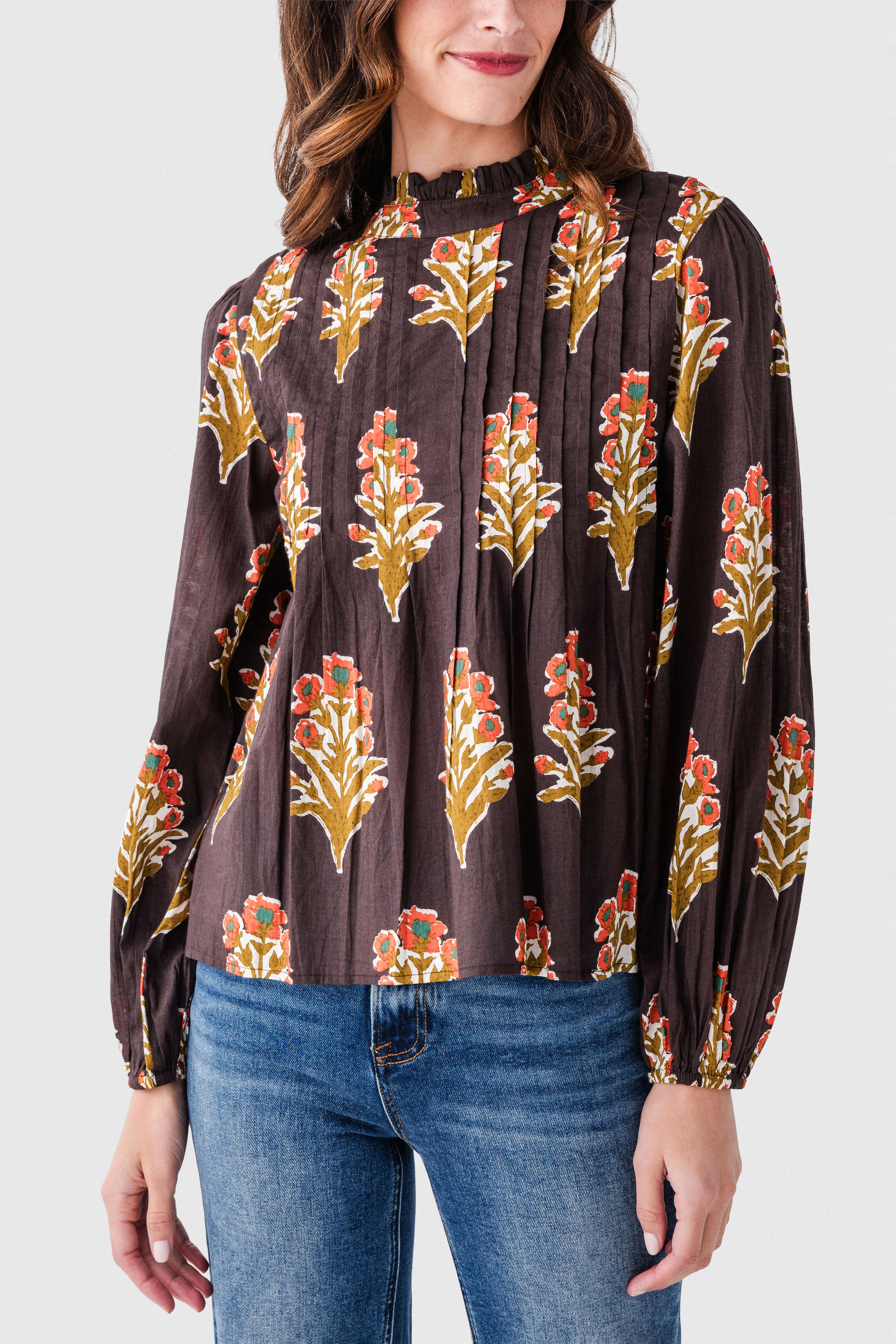 THML Block Print Pleated L/S Top | Social Threads