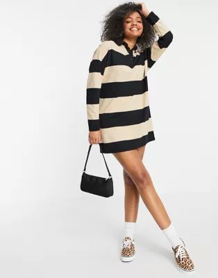 ASOS DESIGN long sleeve collared shirt mini dress in black and sand stripe | ASOS (Global)