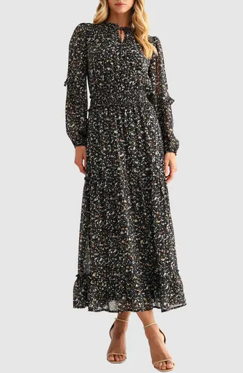 Mila Mae Floral Print Tie Neck Long Sleeve Maxi Dress | Nordstrom | Nordstrom