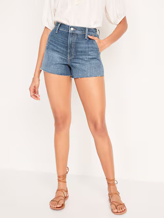 Higher High-Waisted Sky-Hi A-Line Cut-Off Workwear Jean Shorts for Women -- 3-inch inseam | Old Navy (US)
