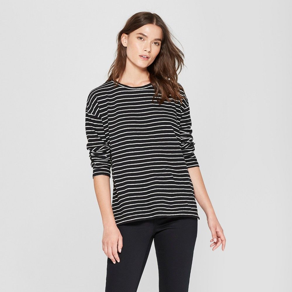Women's Striped Drop Shoulder Long Sleeve T-Shirt - Universal Thread Black/White XS | Target