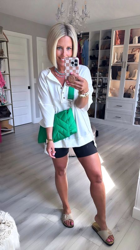 Mom uniform all summer long!!! And how cute is the pop of green!!! It’s comes it lots of color options!!!
Top small (runs oversized) 
Shorts sized up to medium
Sandals sized up an entire size

#LTKStyleTip #LTKSaleAlert #LTKFindsUnder50