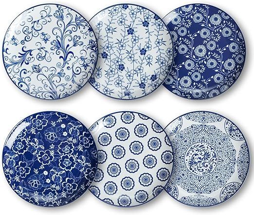 HAPPY KIT Ceramic Dinner Plates of 6, Vintage Blue Salad Plates of 6| Dessert Plates Porcelain Di... | Amazon (US)