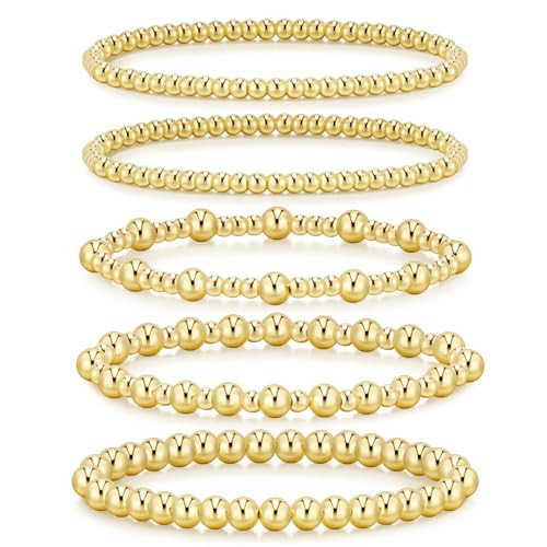 Amazon.com: adoyi Gold Bracelets for Women, 14K Gold Plated Beaded Stretch Bracelet Strand Bead B... | Amazon (US)