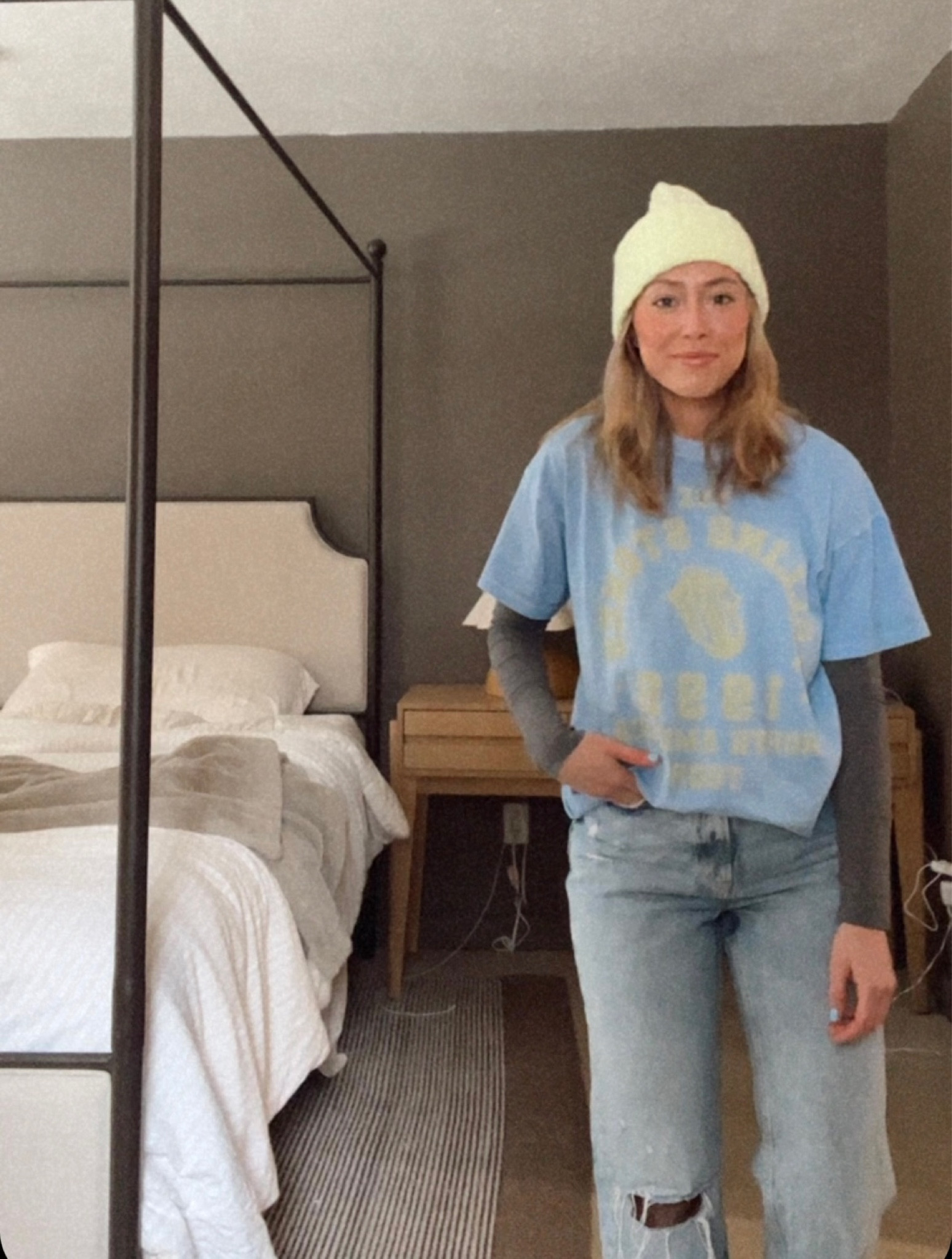 (Beanie Link below image is incorrect, link is correct). Rolling Stones oversize vintage wash graphic tee. Light green beanie comes in 9 colors and is on sale for under $10! Skater curvy wide leg jeans on sale under $30! 

#LTKfindsunder50