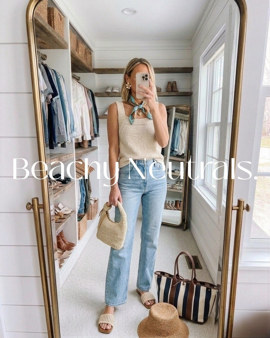 Cute sweater top and straight leg jeans. Summer handbags. Summer outfit ideas. Scarf necklace. Sandals. Tuckernuck. Sweater tank. Vacation outfits. Date night outfit. Beach vacation style. Abercrombie. New summer outfit ideas. Classic. 

#LTKootd #LTKTravel #LTKmomlife