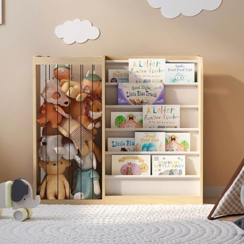 HedoAjim Natural Wood Kids Bookshelf & Stuffed Animal Net Holder Plush Toy Storage Organizer Child Bookcase Toddler Baby Sling Book Rack for Playroom Bedroom Nursery Infant Boys Girls Preschool | Amazon (US)