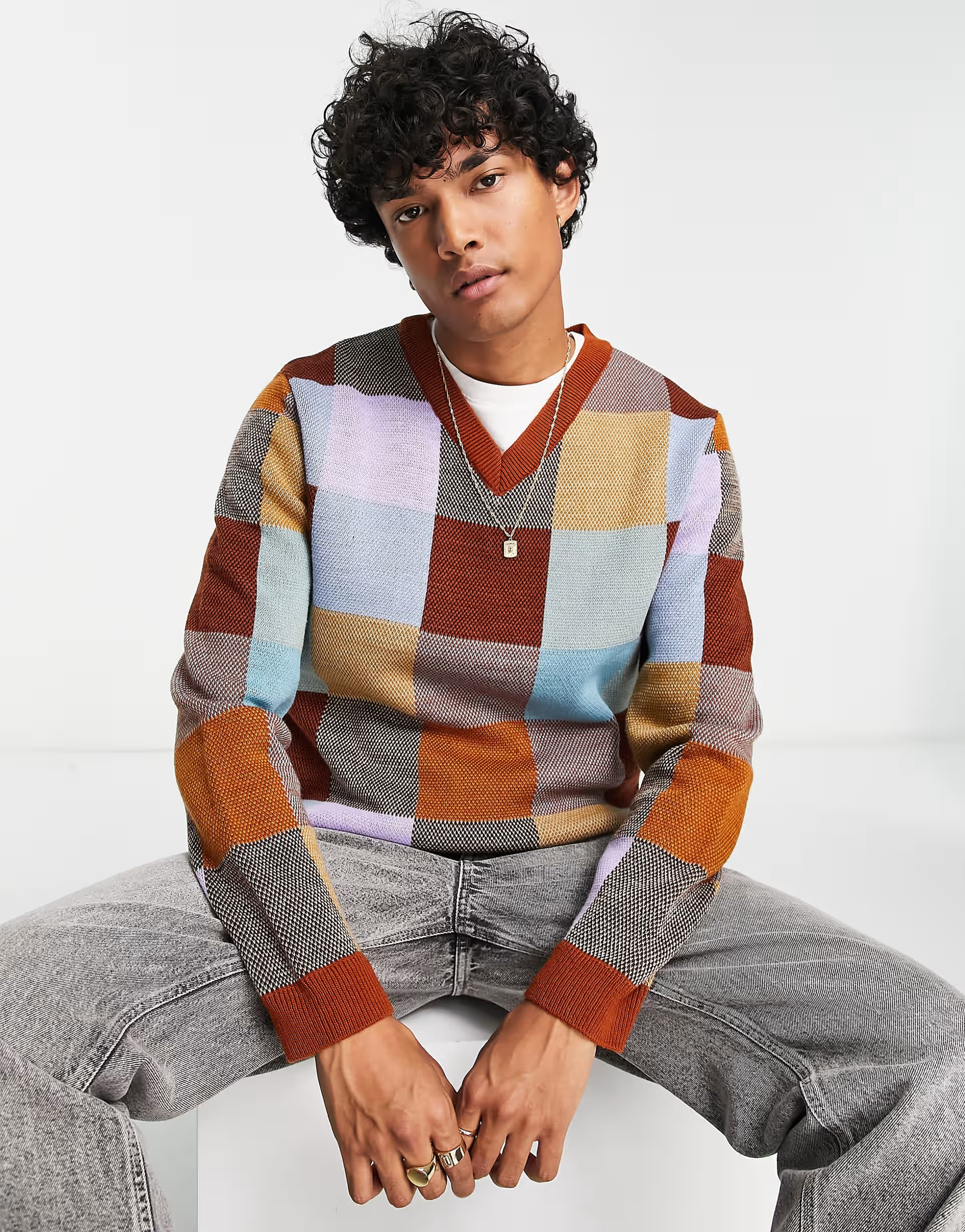 ASOS DESIGN oversized knitted sweater in check | ASOS (Global)