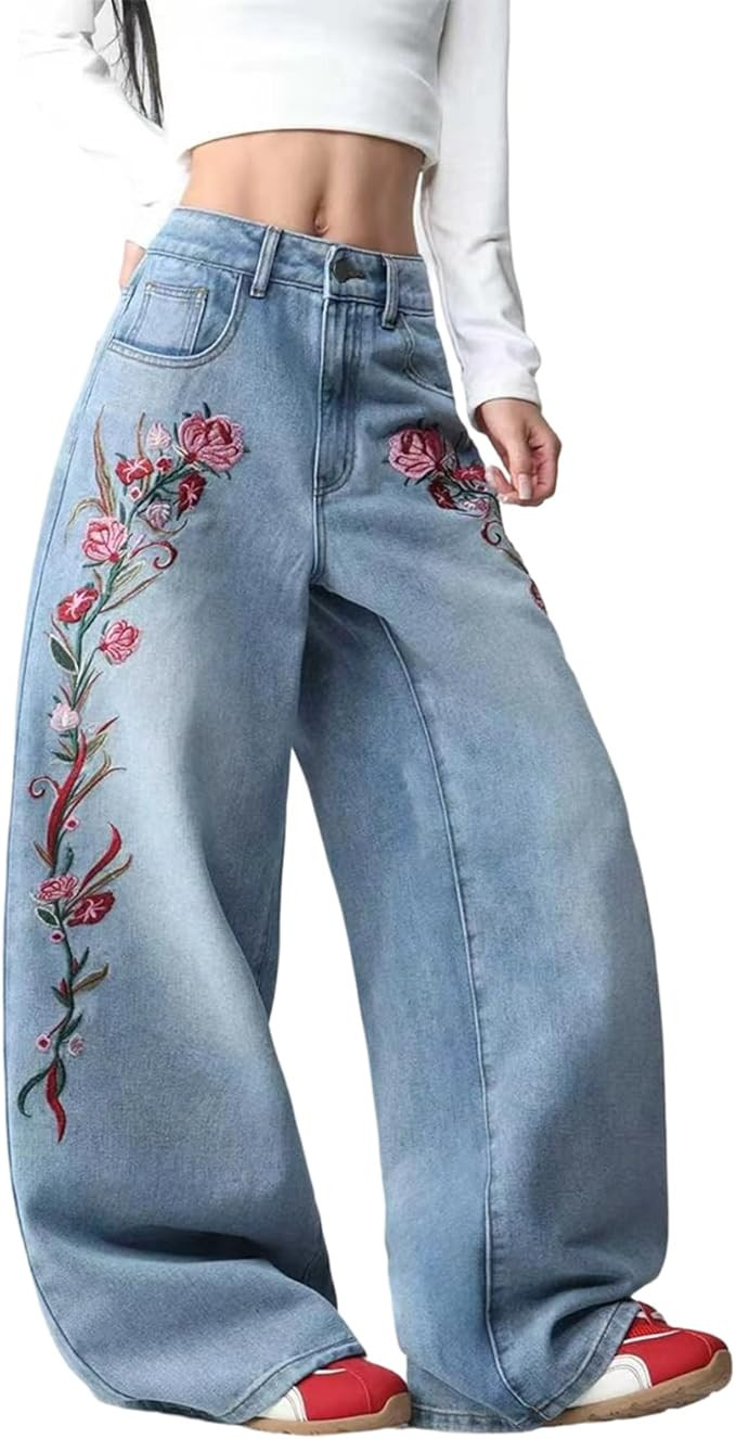 Women's Wide Leg Baggy Jeans Casual Relaxed Fit Y2k Hip Hop Floral Embroidered Denim Pants Street... | Amazon (US)