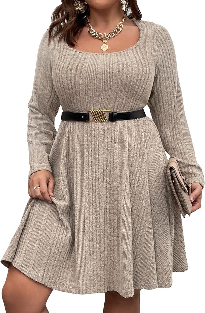 MakeMeChic Women's Plus Size Ribbed Knit Long Sleeve Scoop Neck A Line Flared Short Dress | Amazon (US)