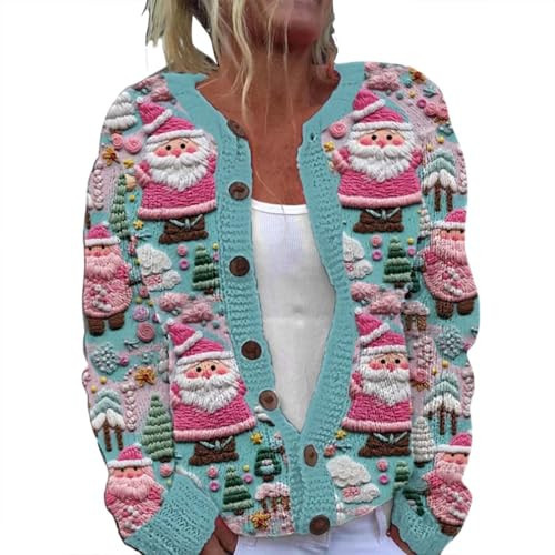 Wzdszle Cardigan Sweaters for Women Christmas Open Front Long Sleeve Button Down Crewneck Comfy Knit Santa Sweater Holiday Party Loungewear（Mint Green，L） | Amazon (US)