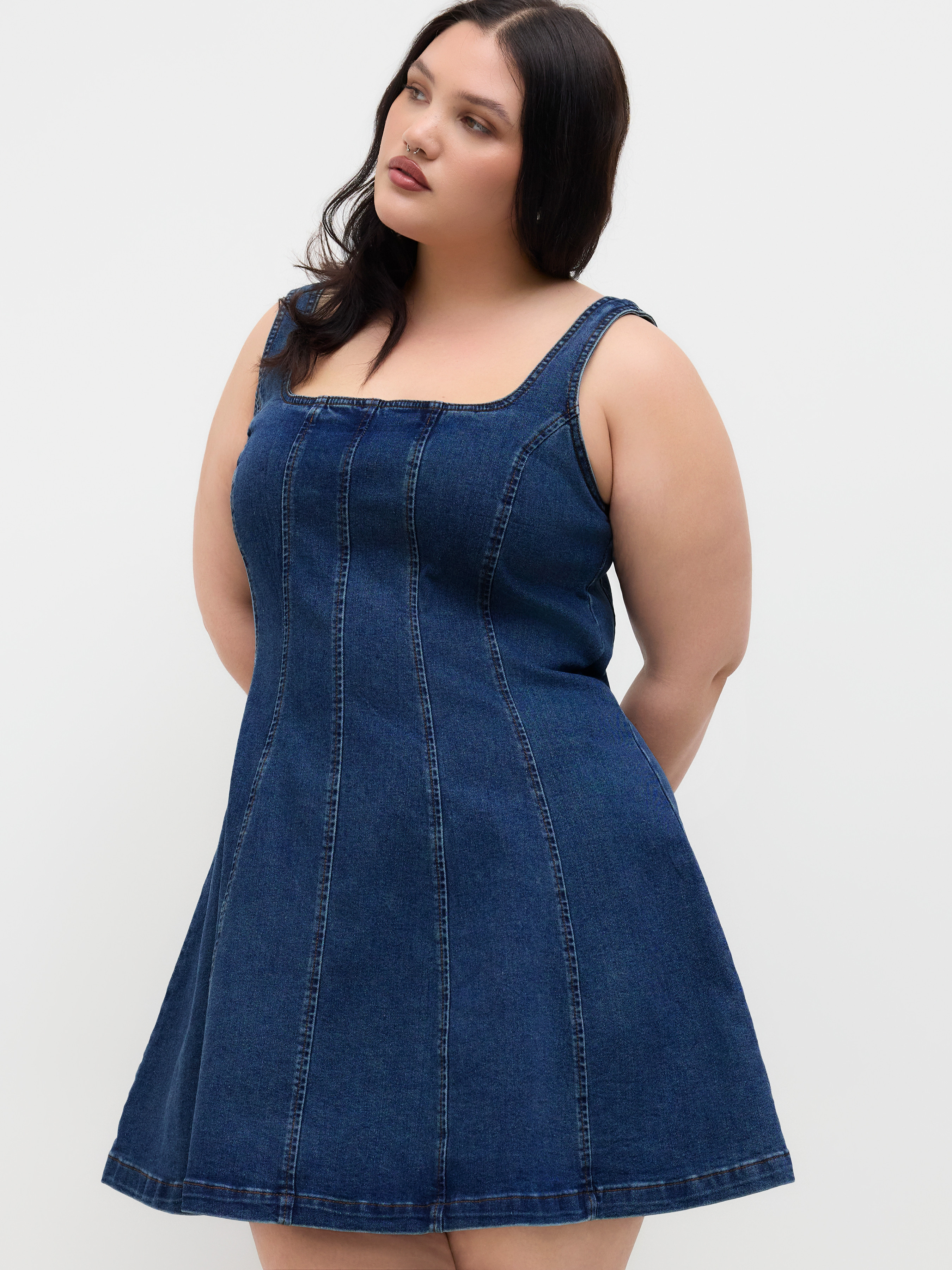 Denim Stretch Denim Square Neck Zipper Dress Curve & Plus For School | Cider