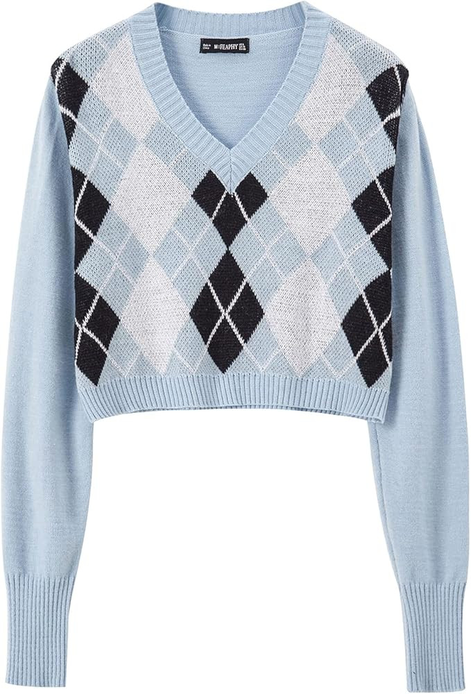 FEAPHY Women's Argyle Sweater Preppy Plaid Long Sleeve V-Neck Pullover Crop Knit Sweater | Amazon (US)