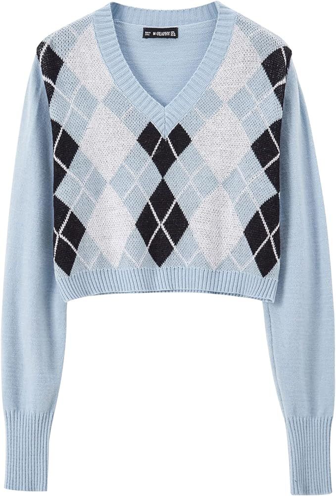 FEAPHY Women's Argyle Sweater Preppy Plaid Long Sleeve V-Neck Pullover Crop Knit Sweater | Amazon (US)