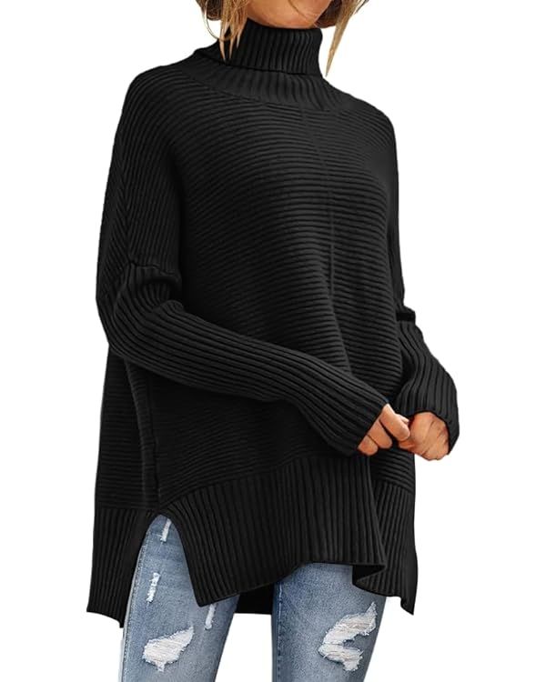 ANRABESS Womens 2023 Trendy Sweaters Oversized Turtleneck Long Batwing Sleeve Split Hem Pullover ... | Amazon (US)