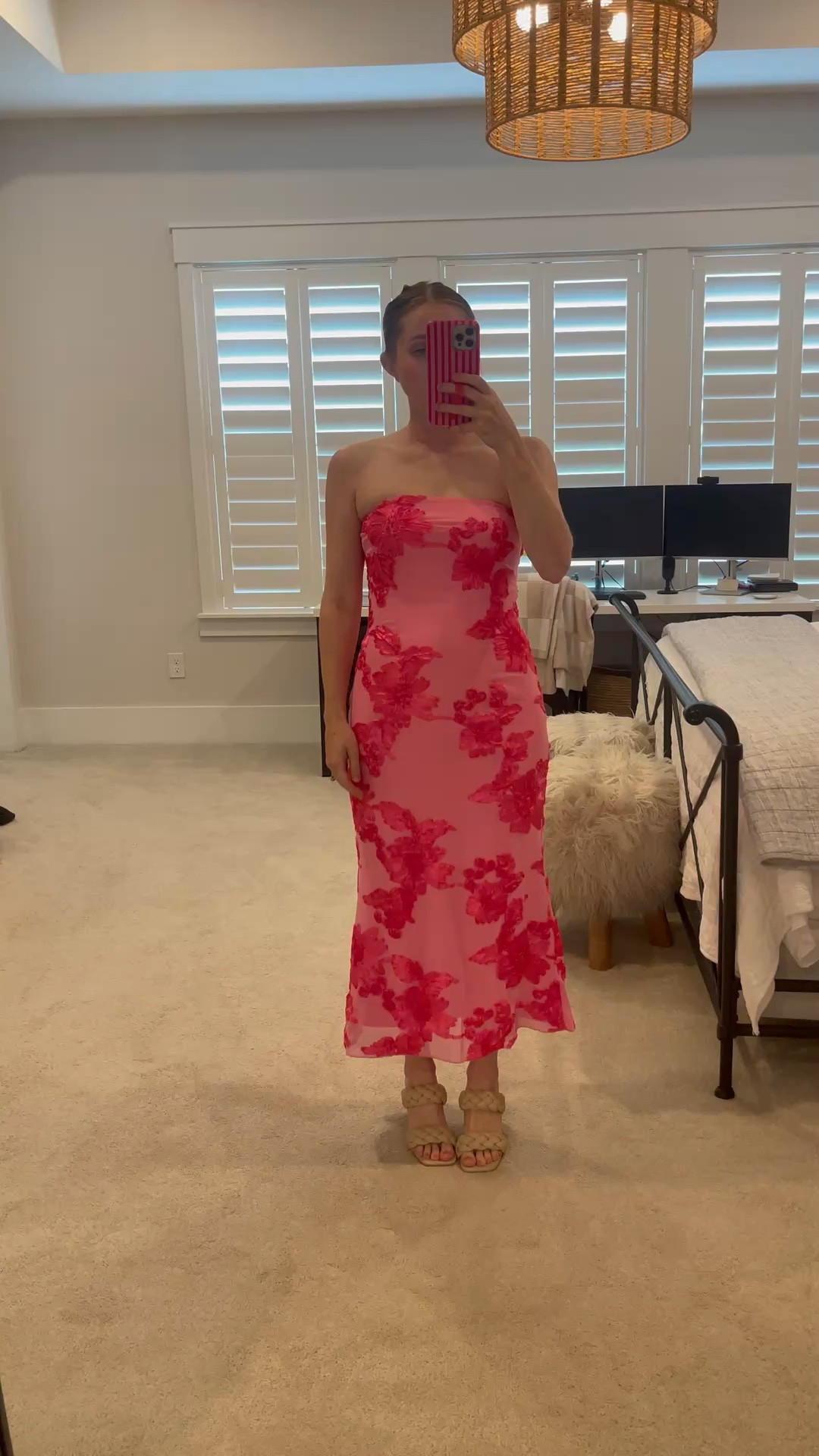 Strapless pink floral midi dress with the prettiest fitted silhouette — perfect for weddings, bridal showers, vacation dinners, summer date nights & girls night out! Paired with neutral braided heels for an elevated feminine look 🌸 #LTKStyleTip #LTKWeddingGuest #PinkDress #FloralDress #WeddingGuestDress #SummerStyle #VacationOutfit #Barbiecore #MidiDress #DateNightLook #FeminineStyle #SpringFashion #LTKUnder100
