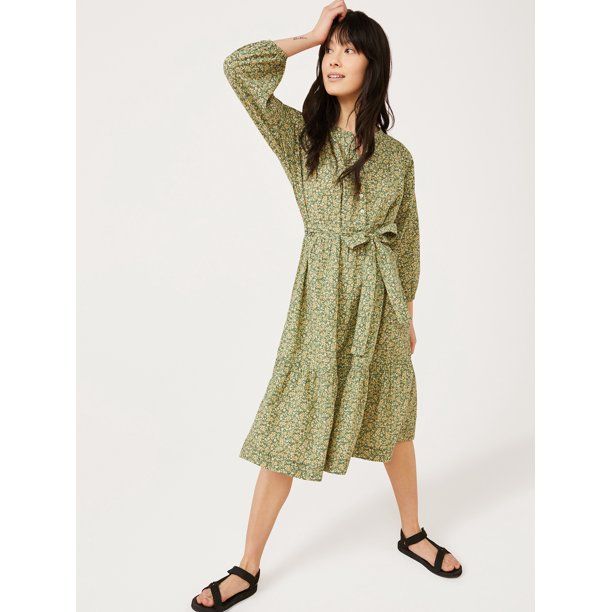 Free Assembly Women’s Tiered A-Line Dress with 3/4-Length Sleeves | Walmart (US)