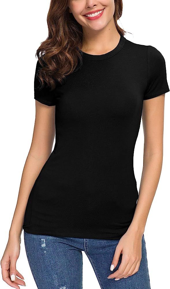 Women's Crewneck Slim Fitted Short Sleeve T-Shirt Stretchy Bodycon Basic Tee Tops | Amazon (US)