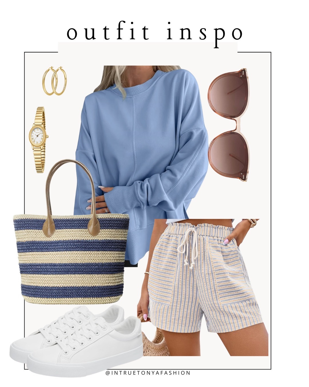 Spring to summer outfit idea — blue sweater, striped boxer shorts, tote bag, white sneakers and gold jewelry 





Amazon outfits every outfit inspo, outfit ideas, casual outfits amazon, amazon outfits every day, spring outfits 2026, summer outfits

#LTKPetite #LTKootd #LTKSaleAlert
