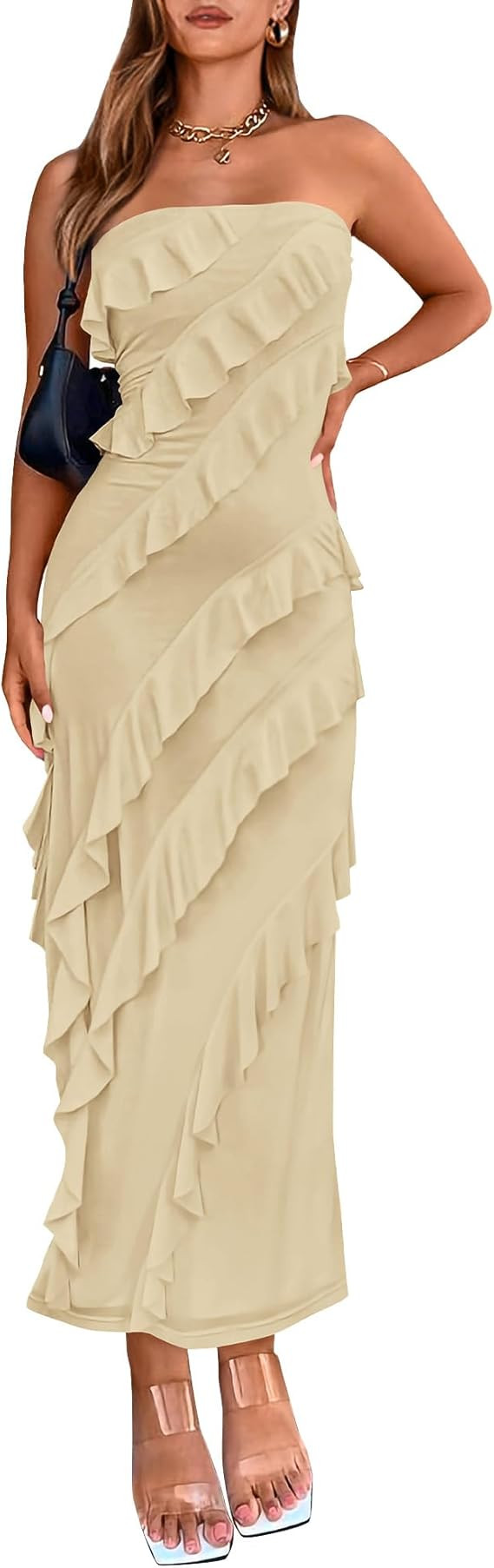 BTFBM Women Summer Elegant Strapless Midi Ruched Bodycon Dress Solid Color Stretch Mesh Slim Part... | Amazon (US)