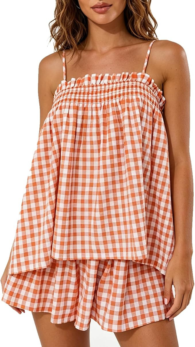Meiweileya Women Gingham Pajama Set Y2k Sleeveless Babydoll Tank Top and Wide Leg Shorts 2 Piece ... | Amazon (US)