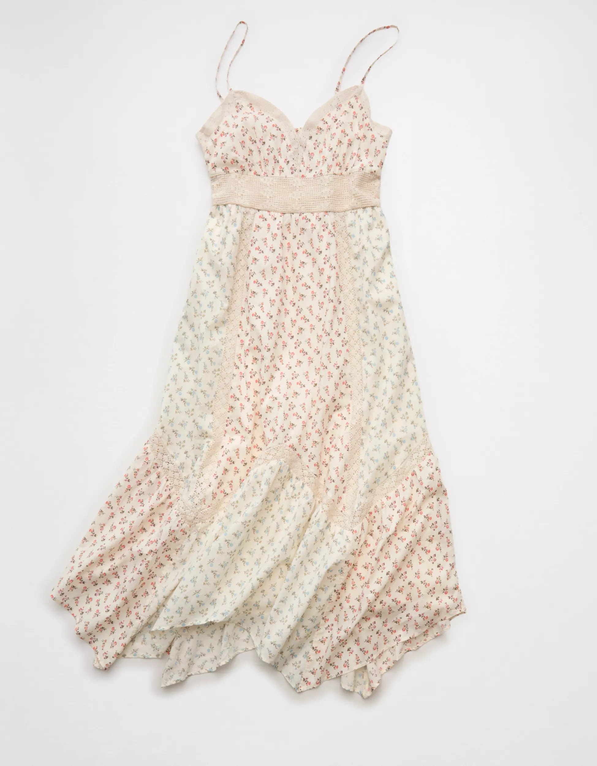 AE V-Neck Lace Inset Hanky Hem Midi Dress | American Eagle Outfitters (US & CA)